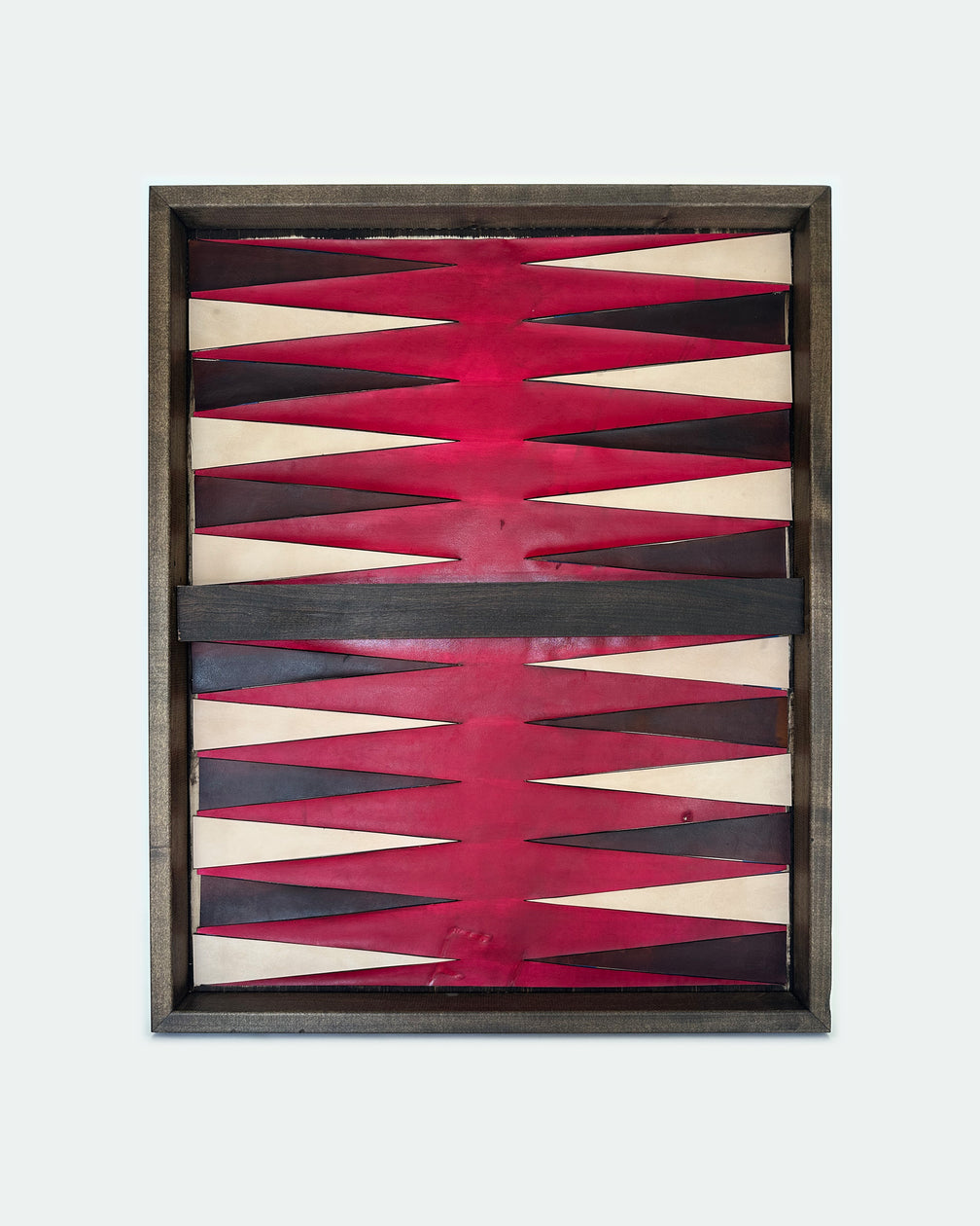 The Homestead 30, a leather backgammon board. Oxblood leather with black and natural points. View 1.