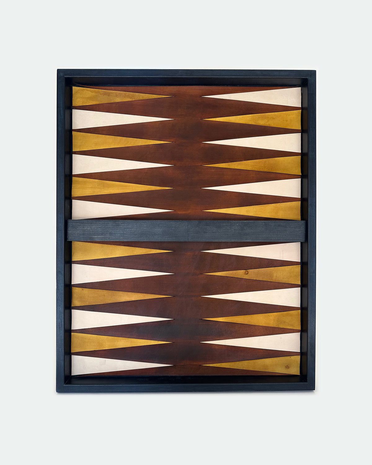 The Homestead 30, a leather backgammon board. Dark brown leather with buckskin and natural points.