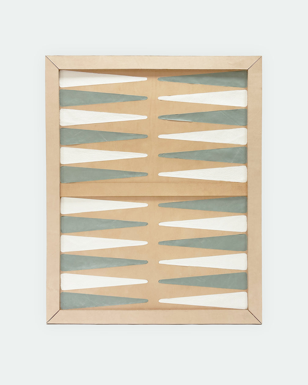 The Homestead 30, a leather backgammon board. Natural leather with baby blue and white points. View 1.