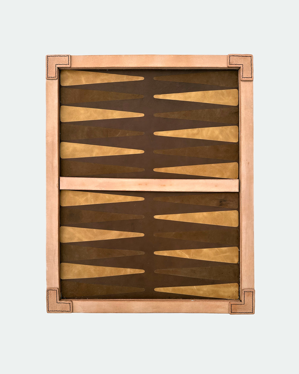 The Homestead 30, a leather backgammon board. Chocolate leather with dark brown and light brown points. View 1.