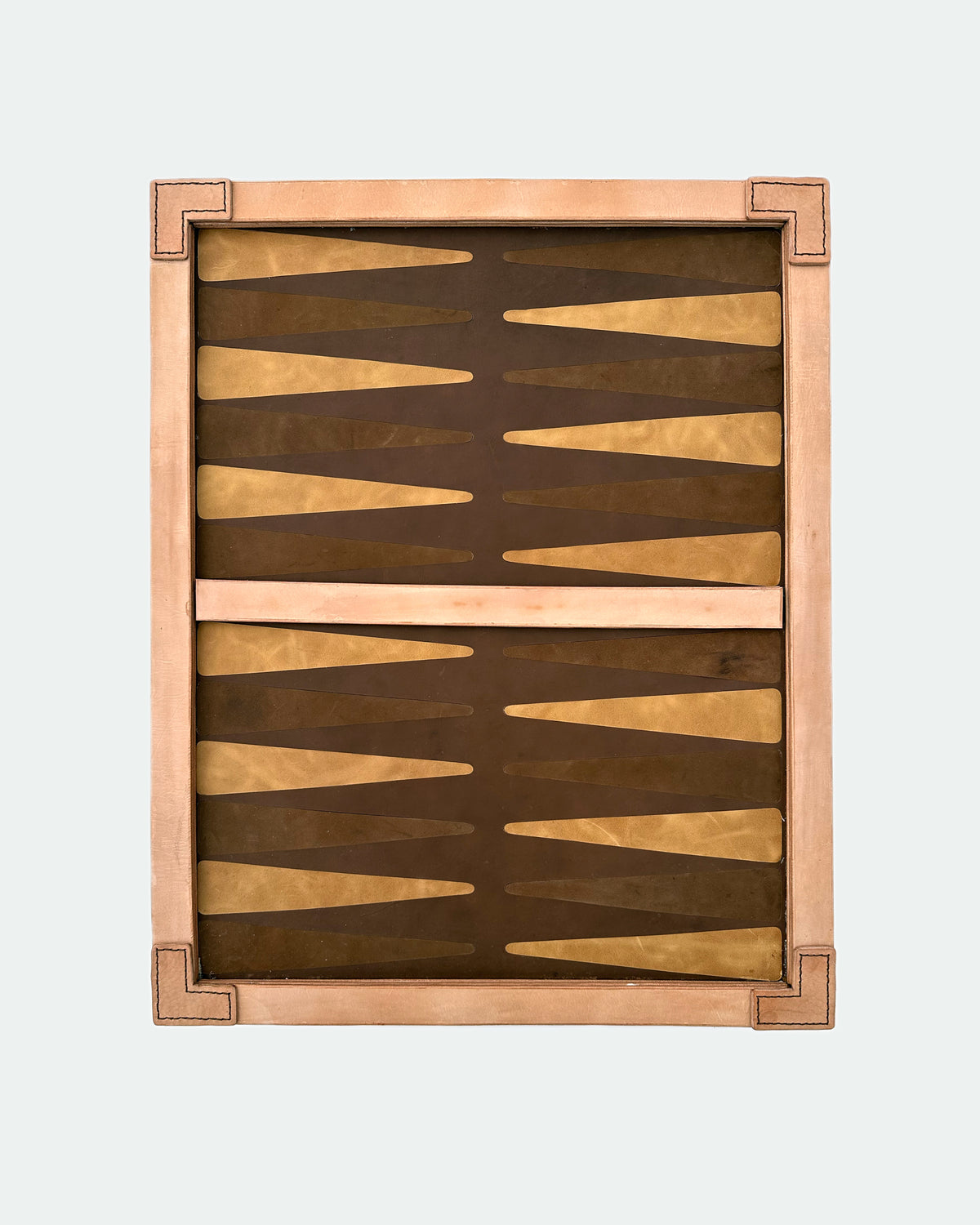 The Homestead 30, a leather backgammon board. Chocolate leather with dark brown and light brown points.