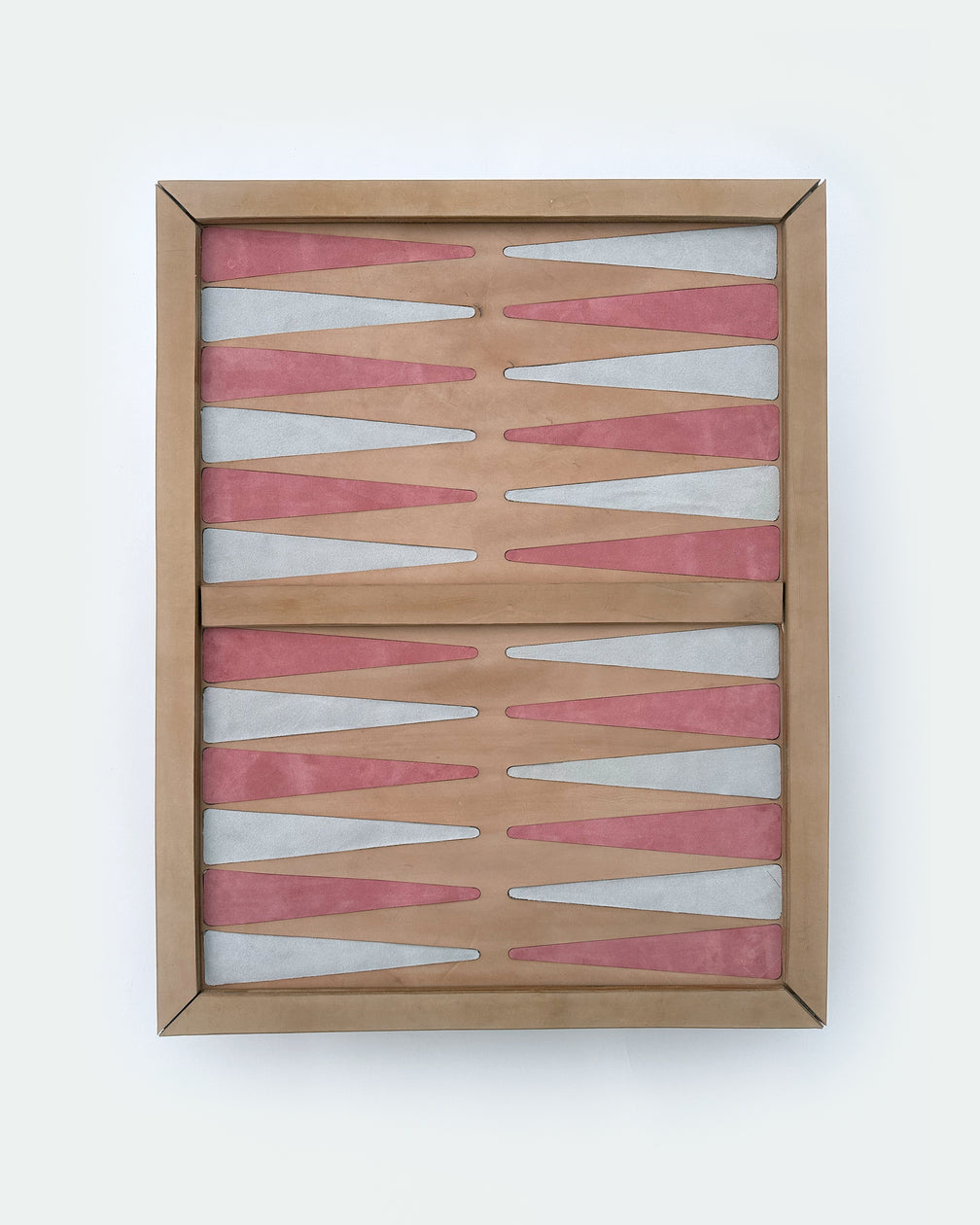 The Homestead 30, a leather backgammon board. Natural leather with cream and pink points. View 1.