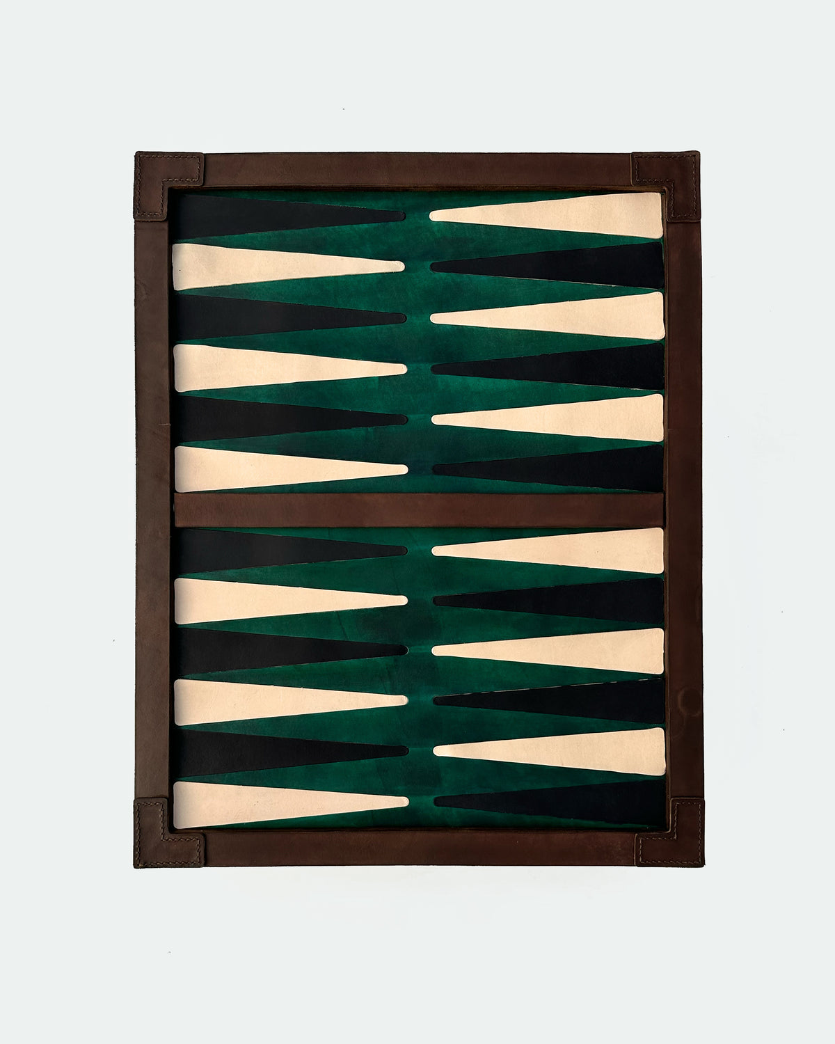 The Homestead 30, a leather backgammon board. Green leather with black and natural points.