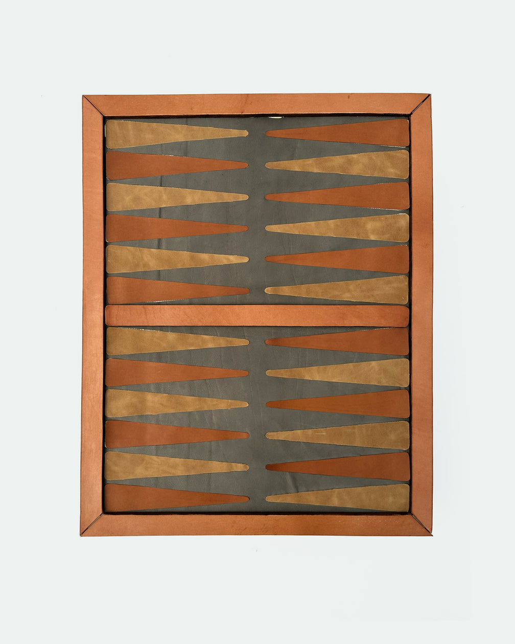 The Homestead 30, a leather backgammon board. Gray leather with burnt orange and light brown points. View 1.