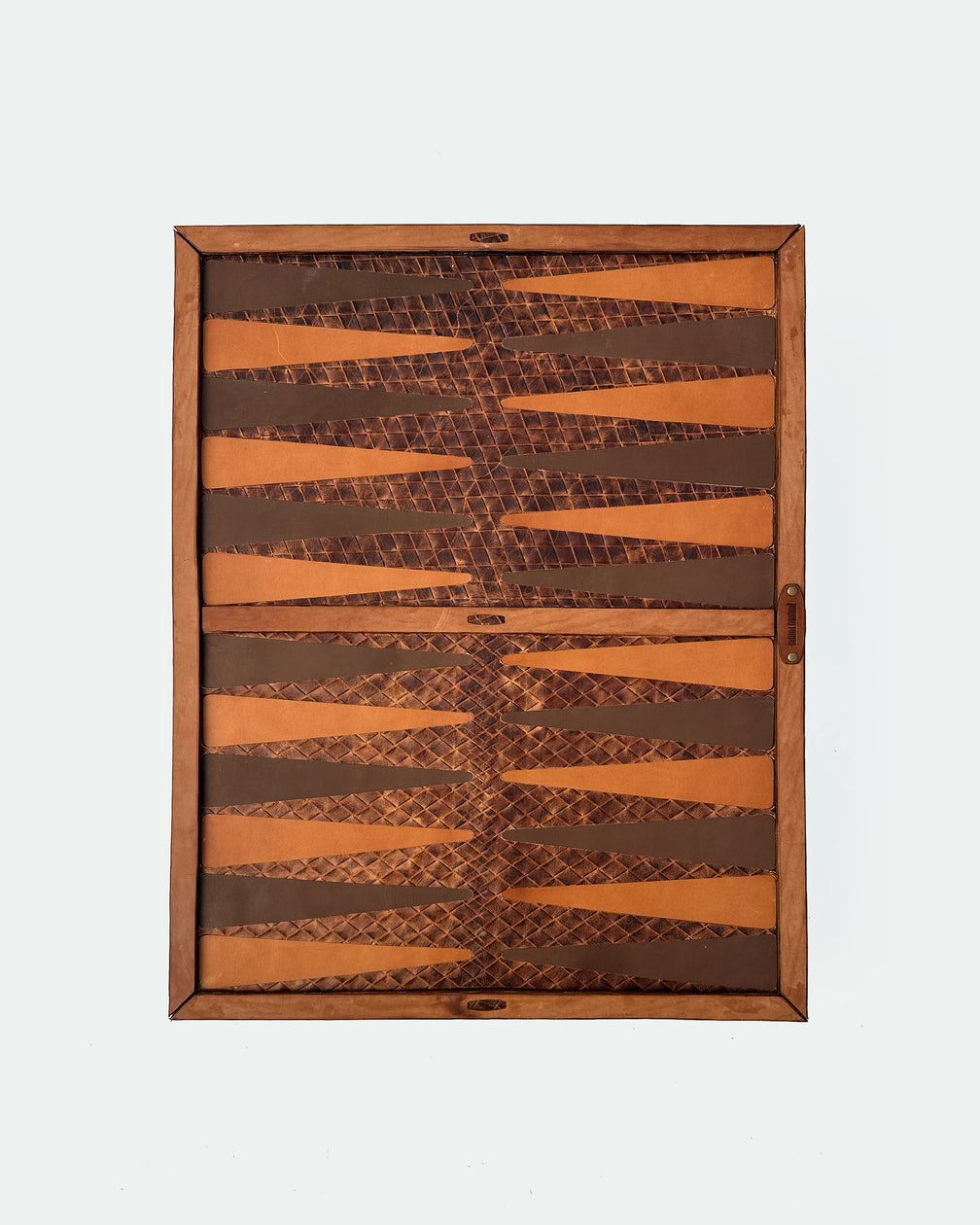 The Homestead 26, a leather backgammon board. Medium brown leather with burnt orange and dark brown points. View 1.