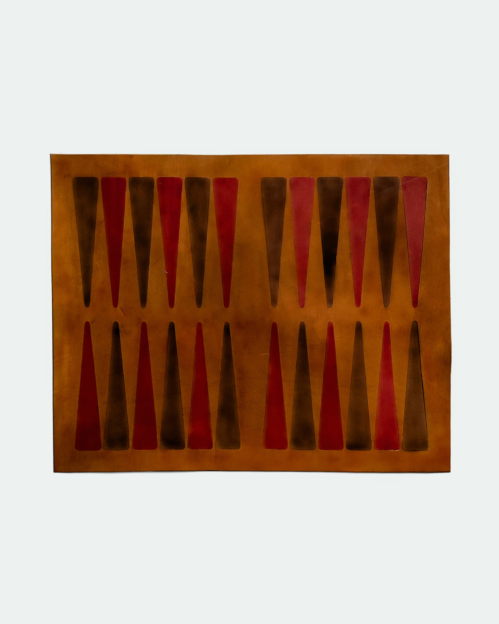 The Drifter 26, a leather backgammon board. Spanish brown leather with red and show brown points. View 1.