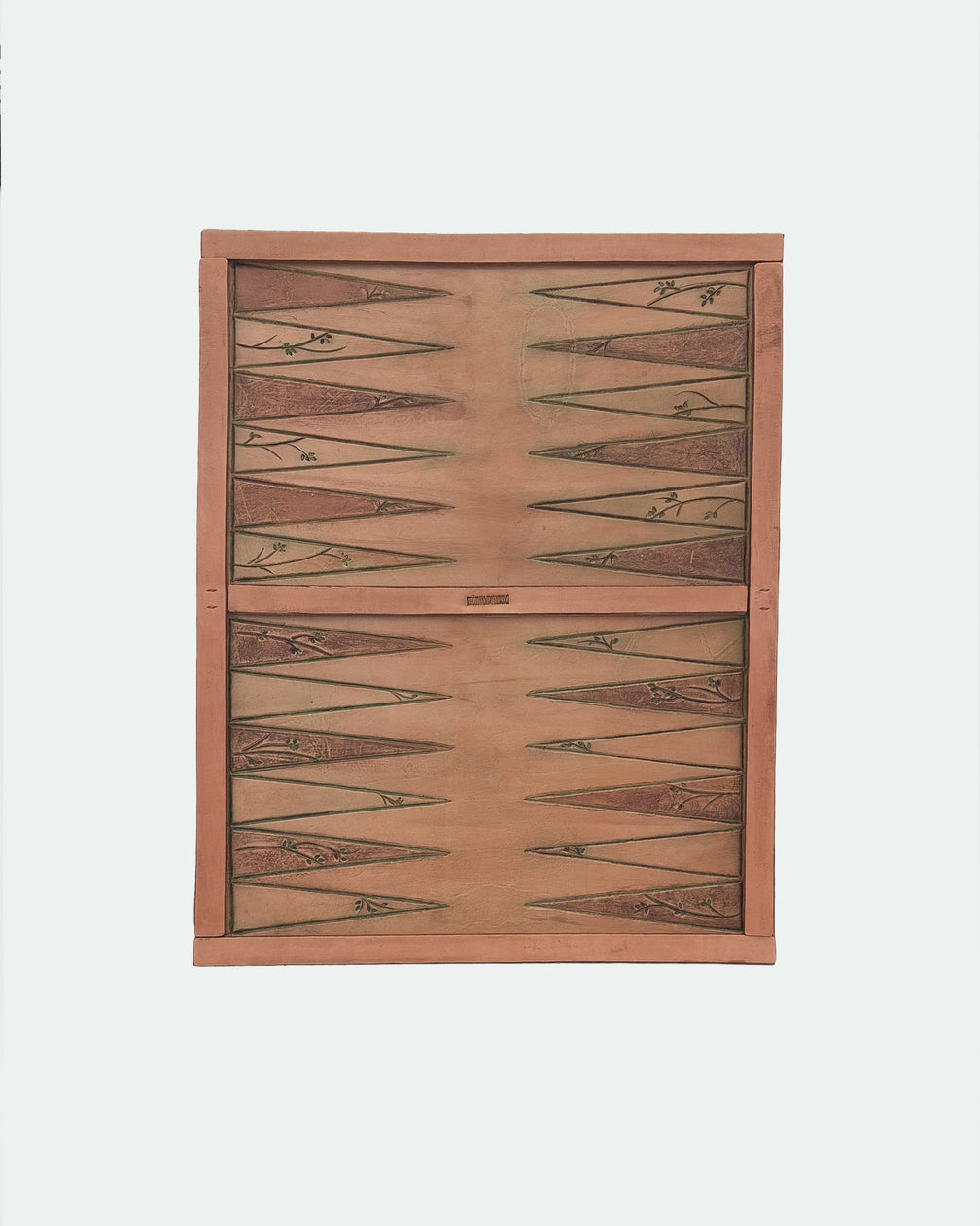 The Drifter 26, a leather backgammon board. Natural leather with green antique and medium brown antique points. View 1.