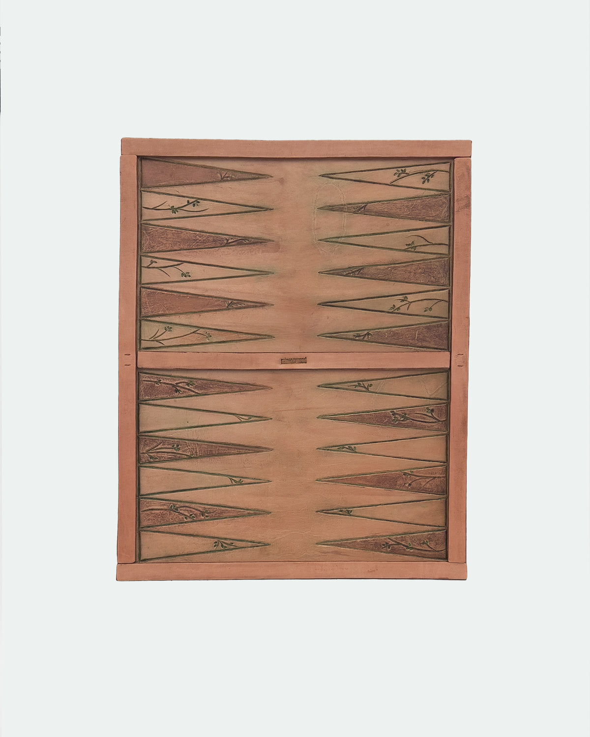 The Drifter 26, a leather backgammon board. Natural leather with green antique and medium brown antique points.