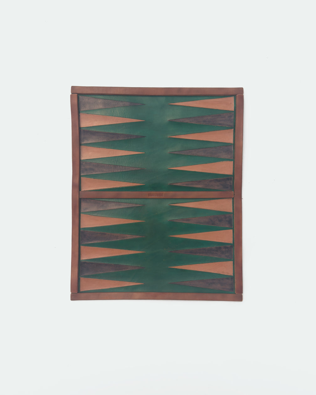The Drifter 22, a leather backgammon board. Green leather with black antique and natural points. View 1.
