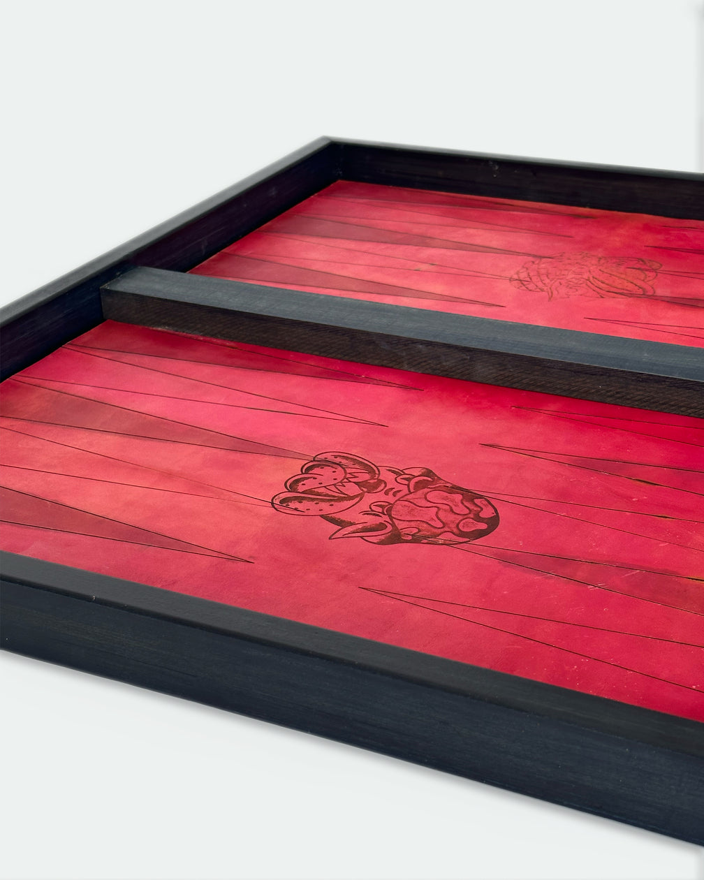 The Homestead 30, a leather backgammon board. Light rose leather with light rose points. View 2.