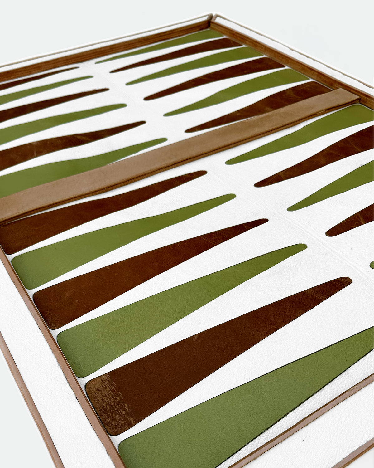 The Homestead 30, a leather backgammon board. White leather with green and medium brown points. View 2.