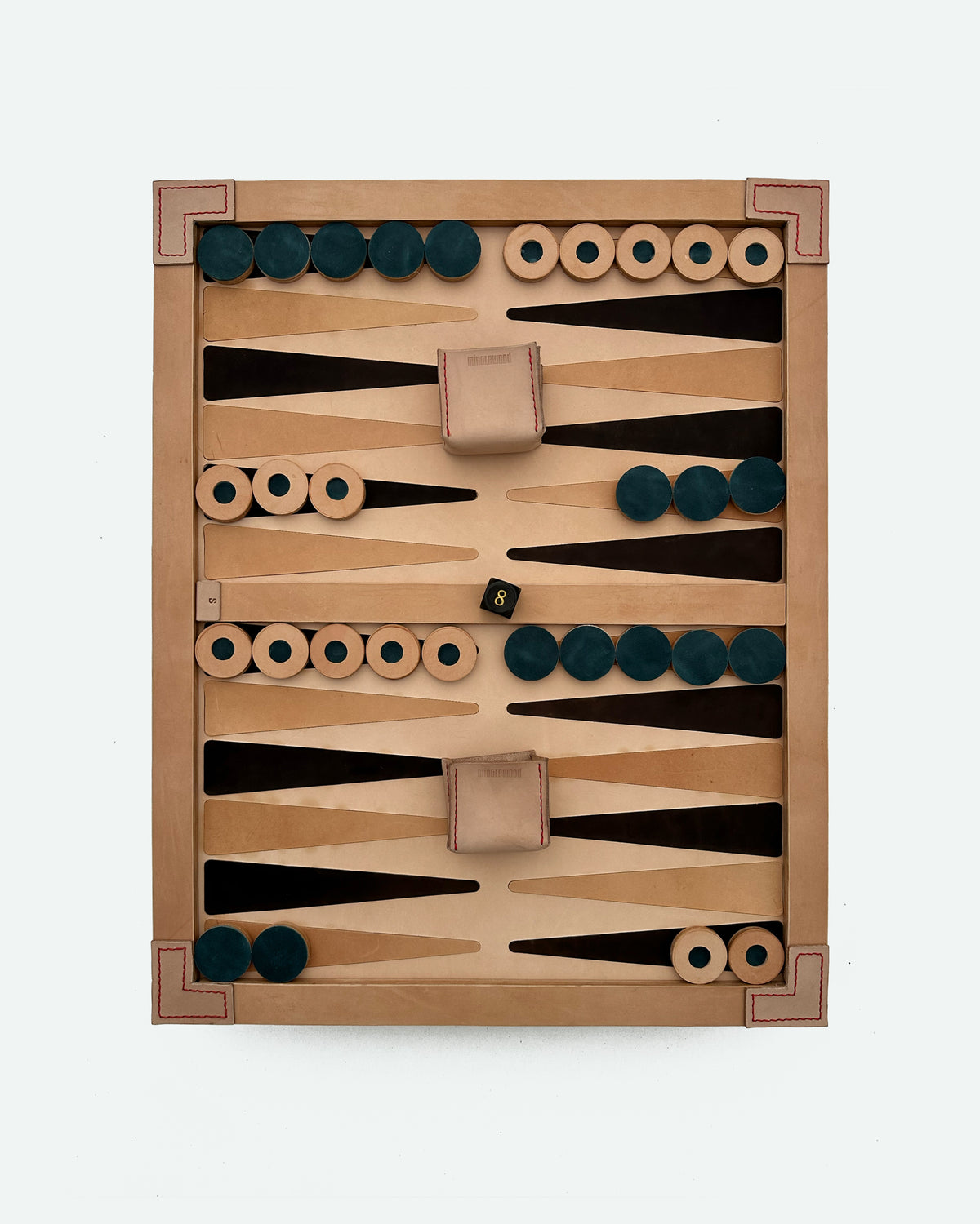 The Homestead 30, a leather backgammon board. Natural leather with chocolate and natural points. View 2.