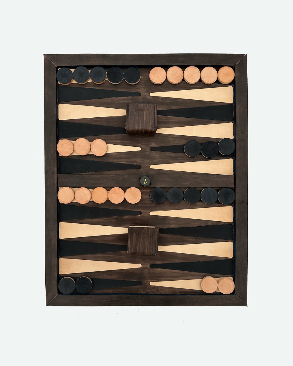 The Homestead 30, a leather backgammon board. Chocolate leather with black and natural points. View 2.
