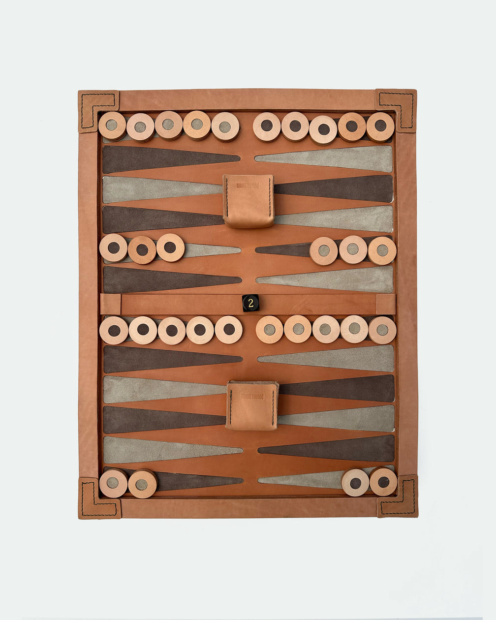 The Homestead 30, a leather backgammon board. Natural leather with chocolate and gray points. View 2.