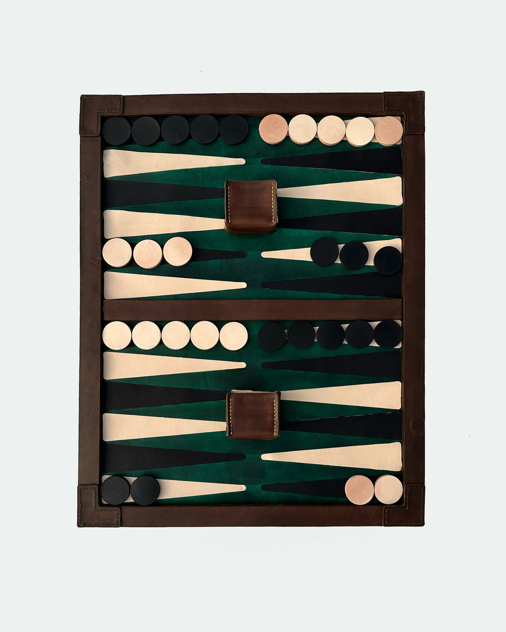 The Homestead 30, a leather backgammon board. Green leather with black and natural points. View 2.
