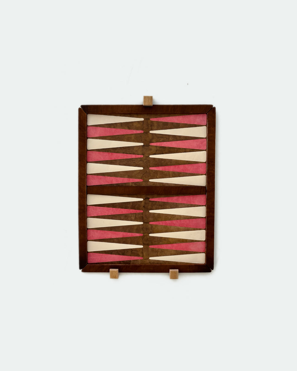 The Homestead 30, a leather backgammon board. Walnut leather with natural and pink points. View 2.