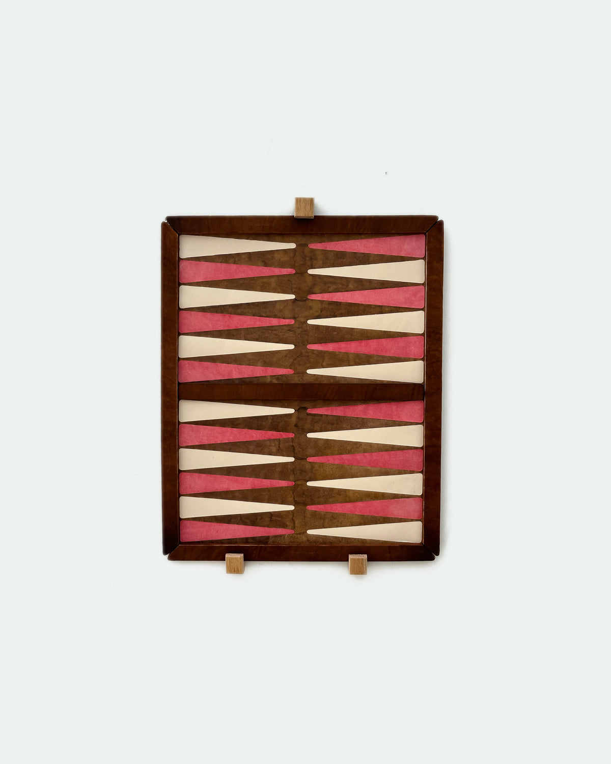 The Homestead 30, a leather backgammon board. Walnut leather with natural and pink points. View 2.