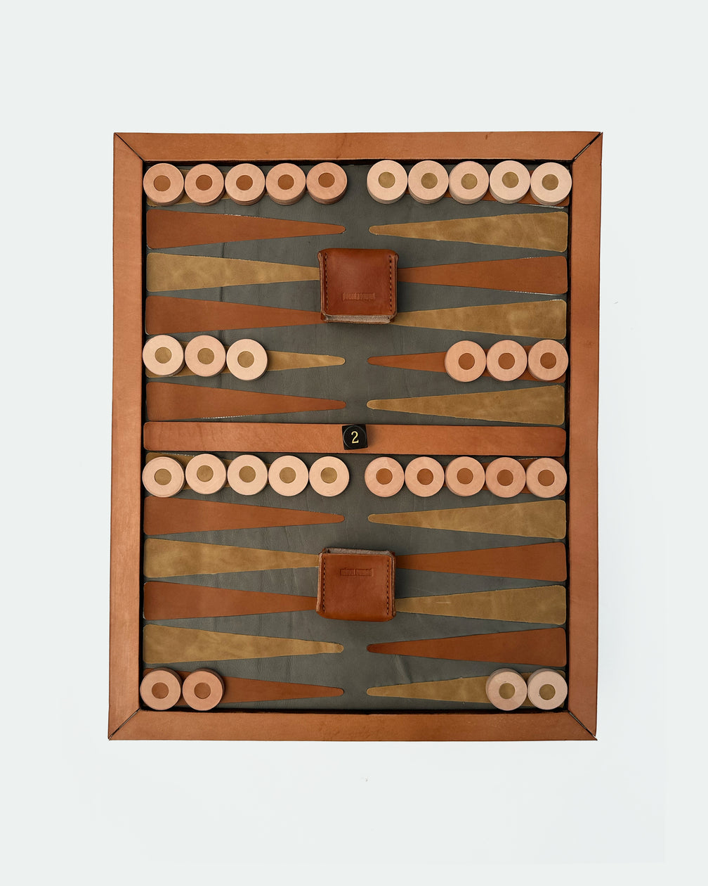 The Homestead 30, a leather backgammon board. Gray leather with burnt orange and light brown points. View 2.