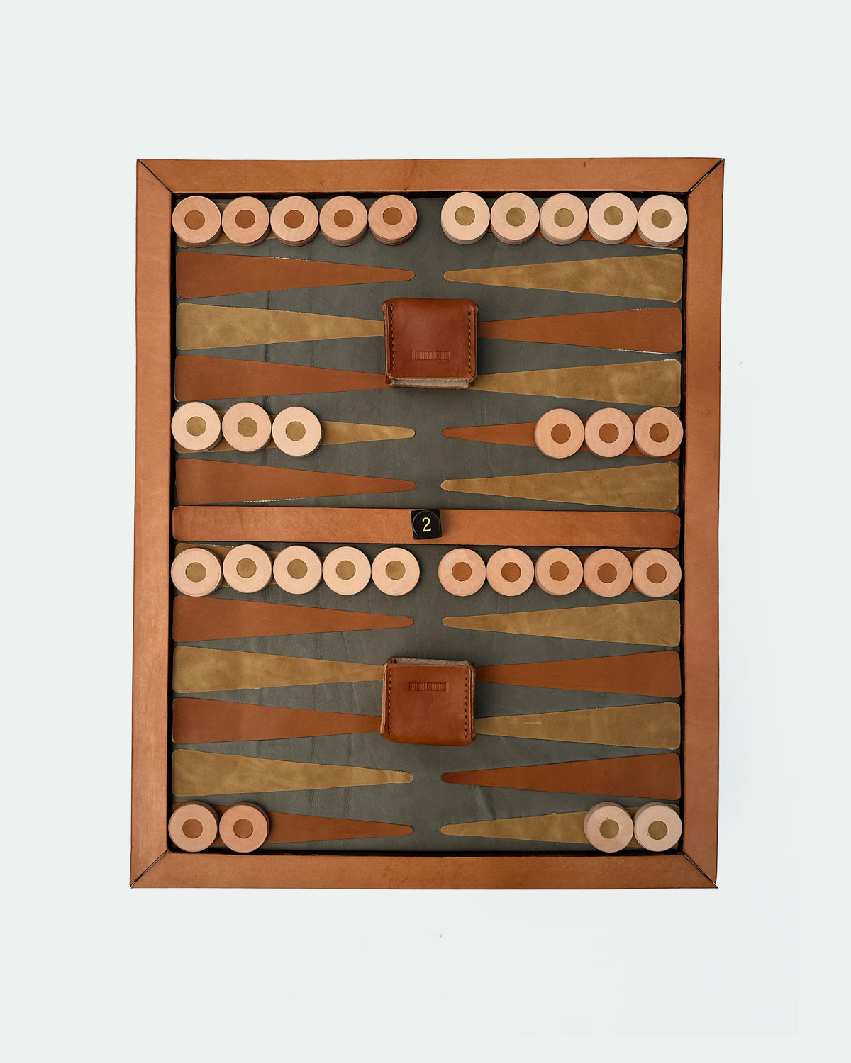 The Homestead 30, a leather backgammon board. Gray leather with burnt orange and light brown points. View 2.