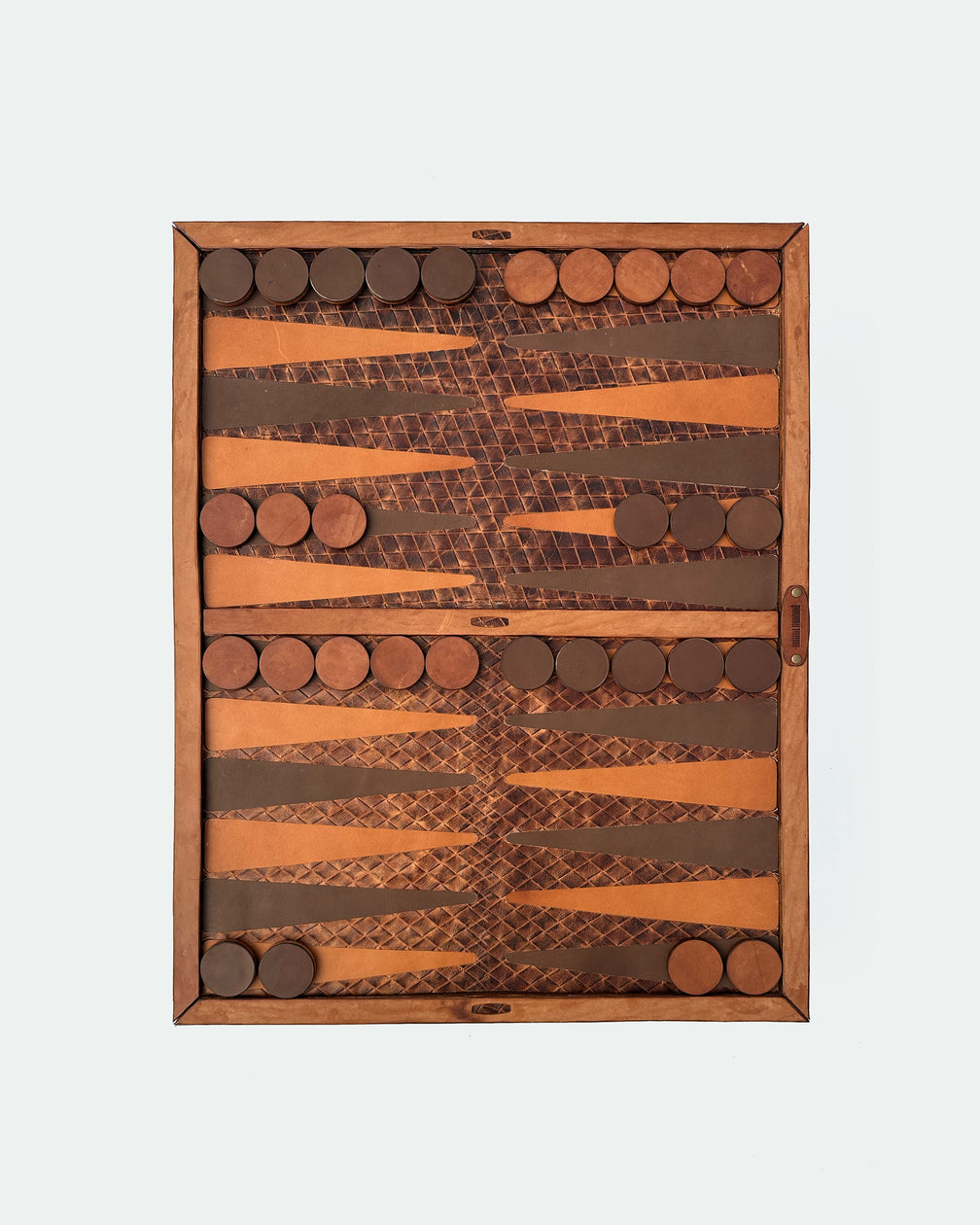 The Homestead 26, a leather backgammon board. Medium brown leather with burnt orange and dark brown points. View 2.