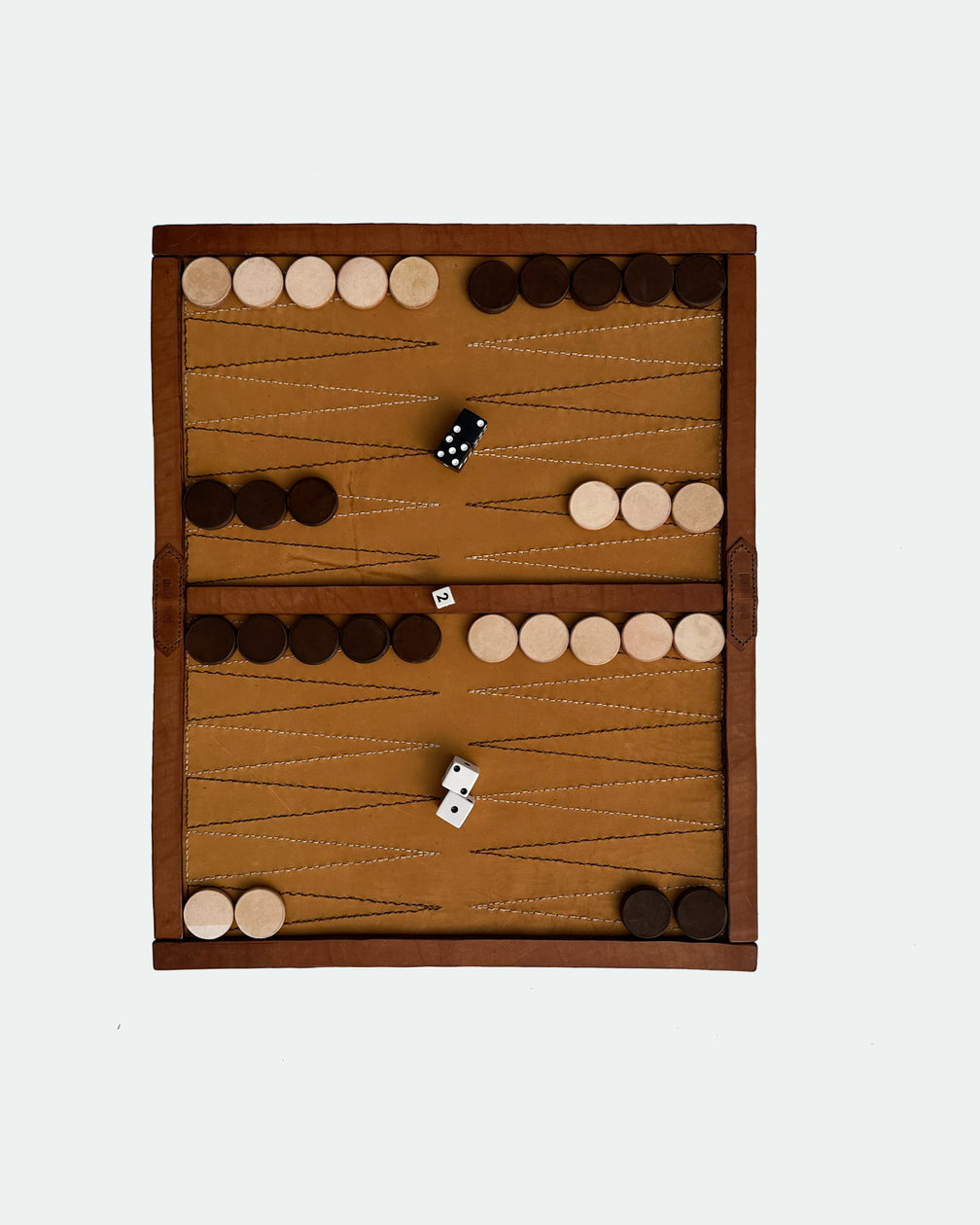 The Drifter 26, a leather backgammon board. Burnt orange leather with cream and dark brown points. View 2.