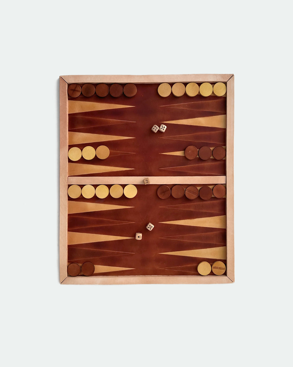 The Homestead 26, a leather backgammon board. Dark brown leather with buckskin and chocolate points. View 2.
