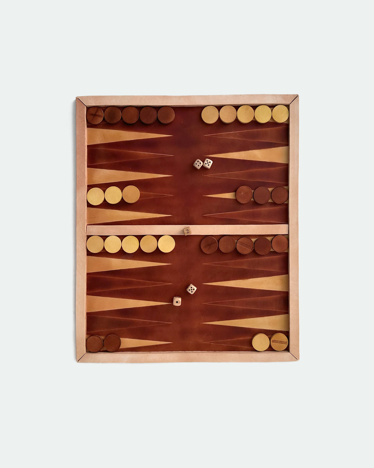 The Homestead 26, a leather backgammon board. Dark brown leather with buckskin and chocolate points. View 2.