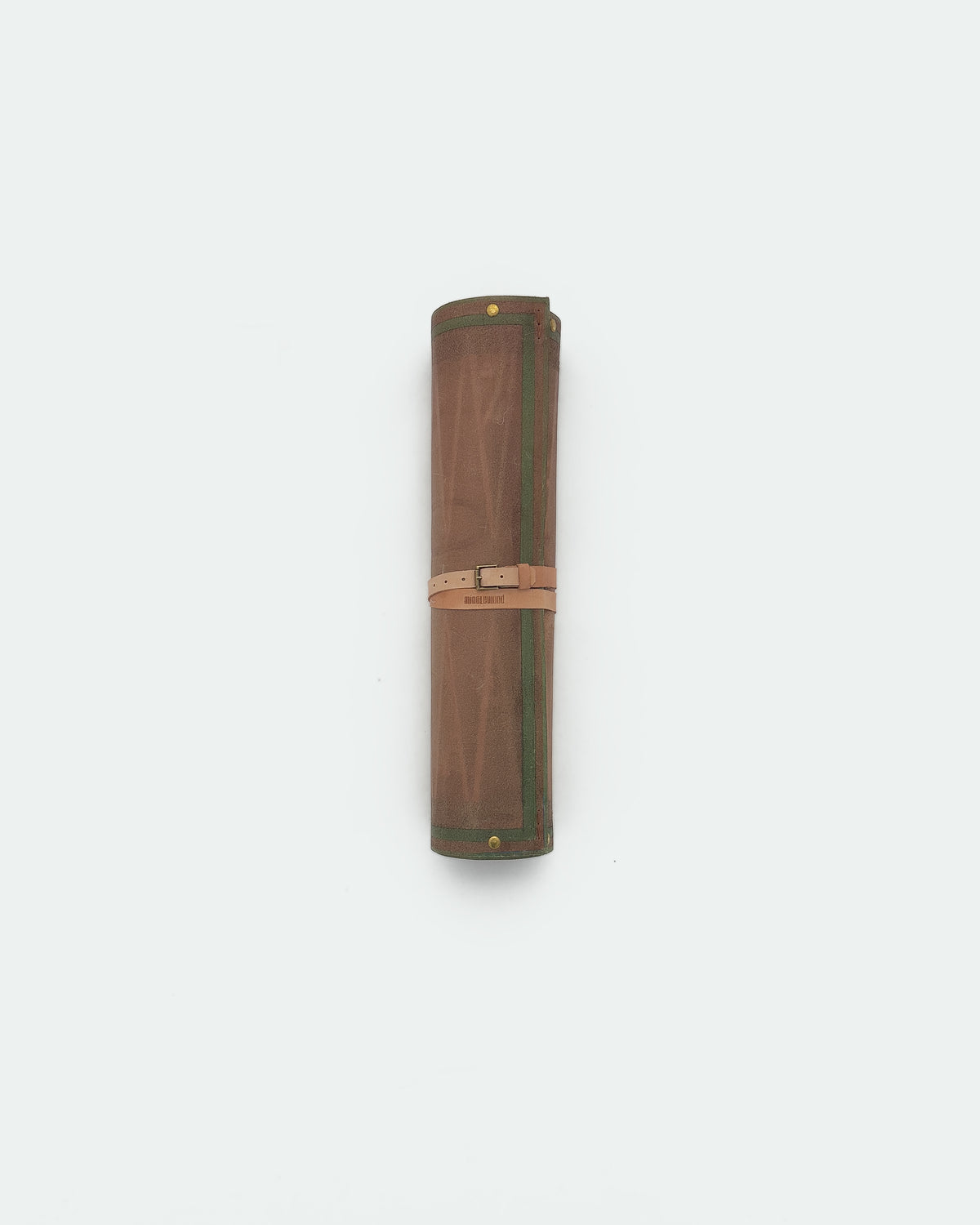 The Drifter 26, a leather backgammon board. Natural leather with green antique and medium brown antique points. View 2.