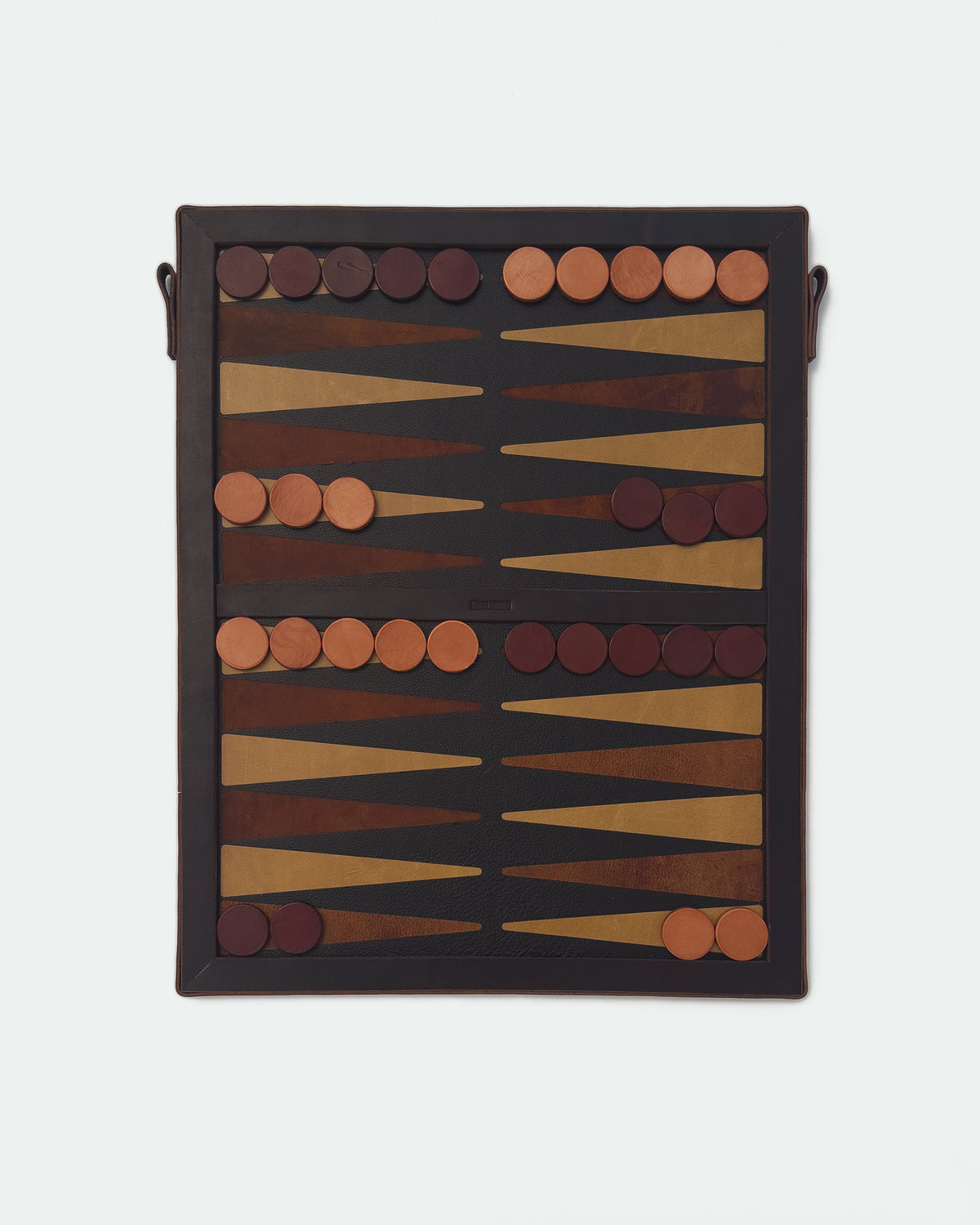 The Homestead 30, a leather backgammon board. Dark brown leather with light brown and medium brown points. View 2.