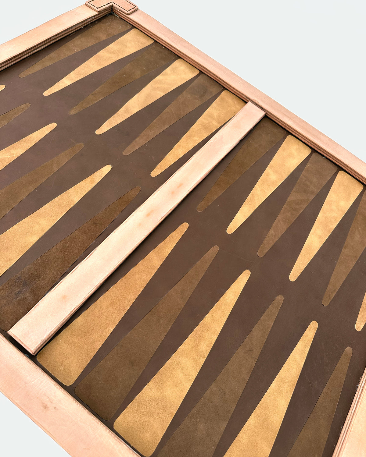 The Homestead 30, a leather backgammon board. Chocolate leather with dark brown and light brown points. View 3.