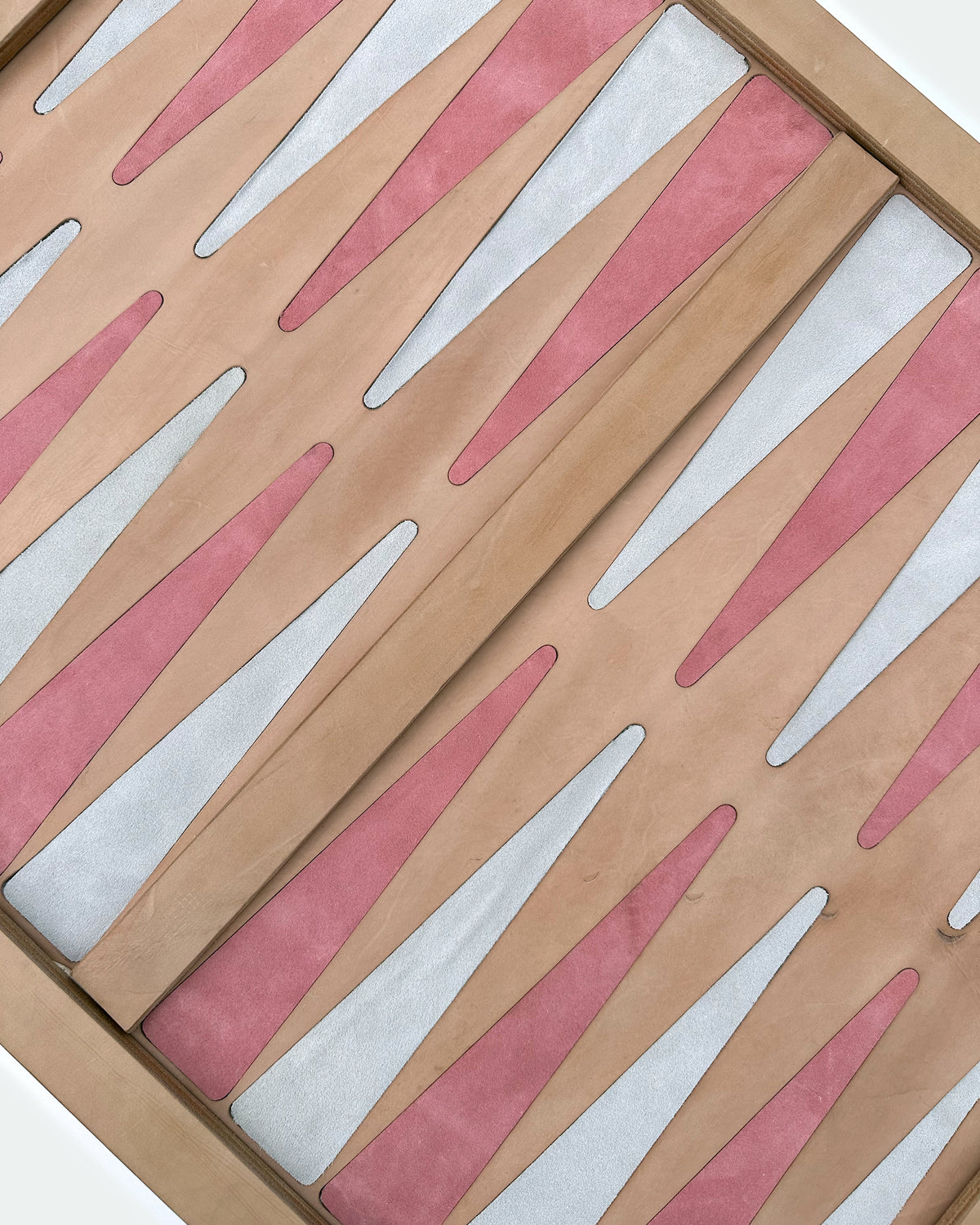 The Homestead 30, a leather backgammon board. Natural leather with cream and pink points. View 3.