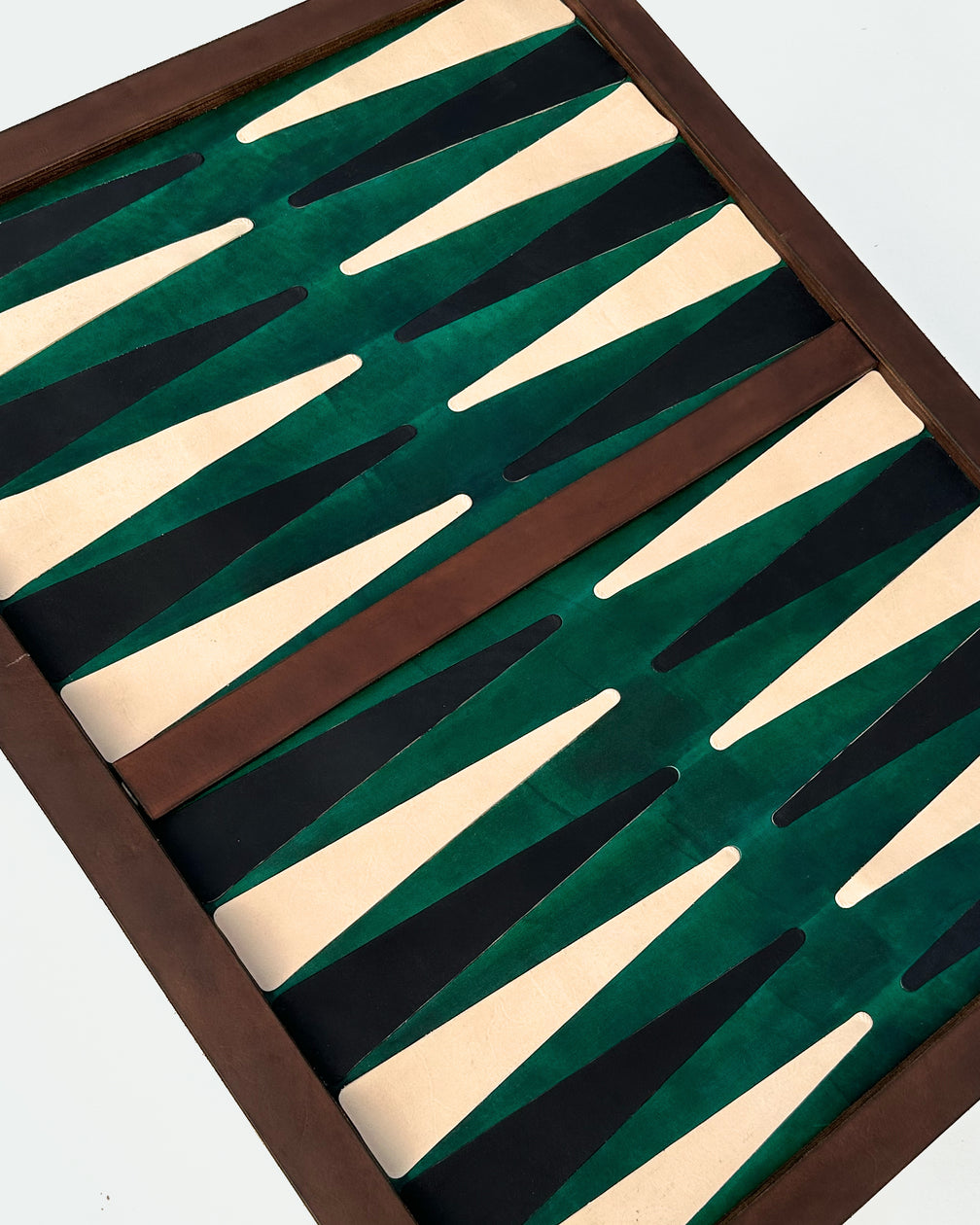 The Homestead 30, a leather backgammon board. Green leather with black and natural points. View 3.