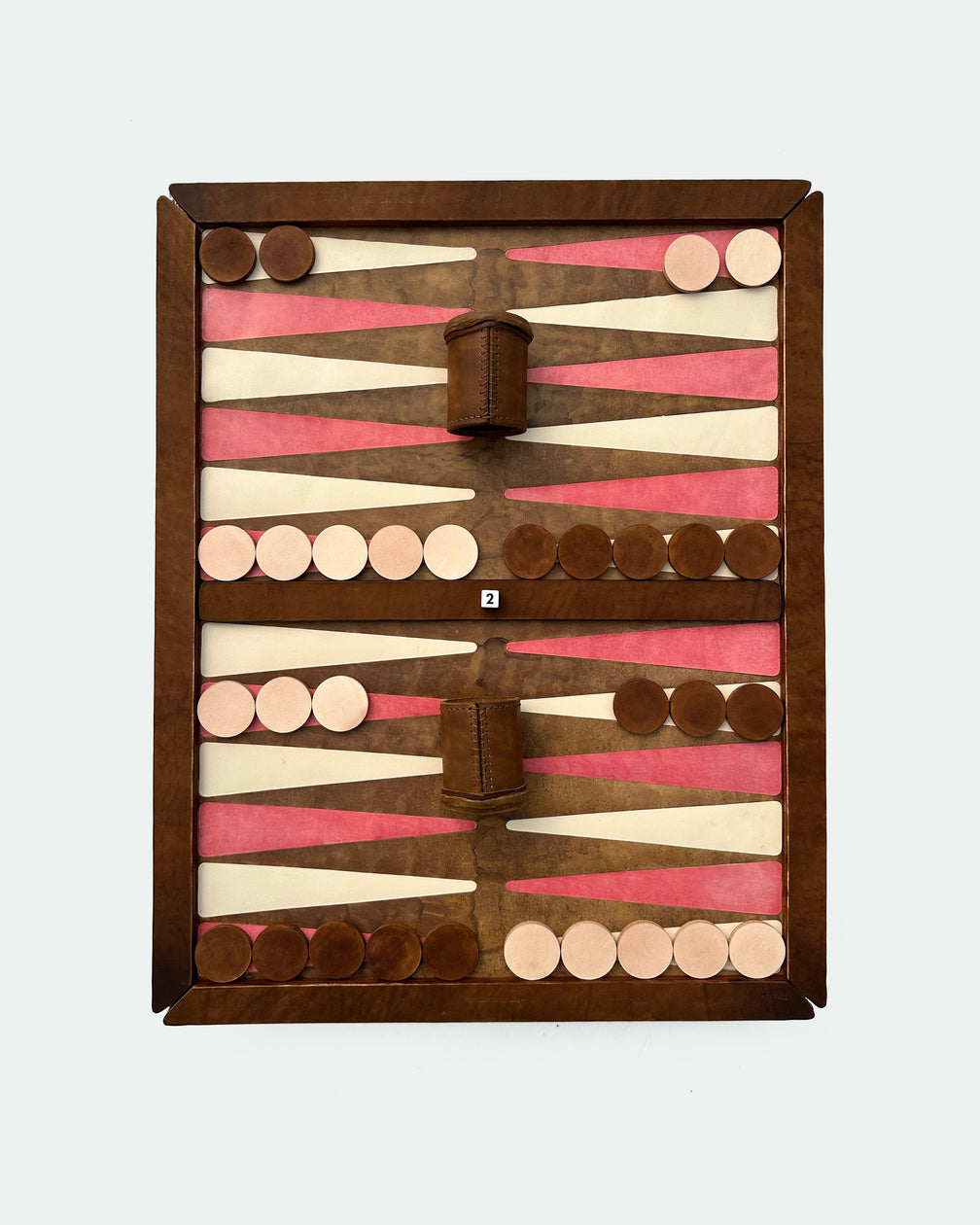 The Homestead 30, a leather backgammon board. Walnut leather with natural and pink points. View 3.