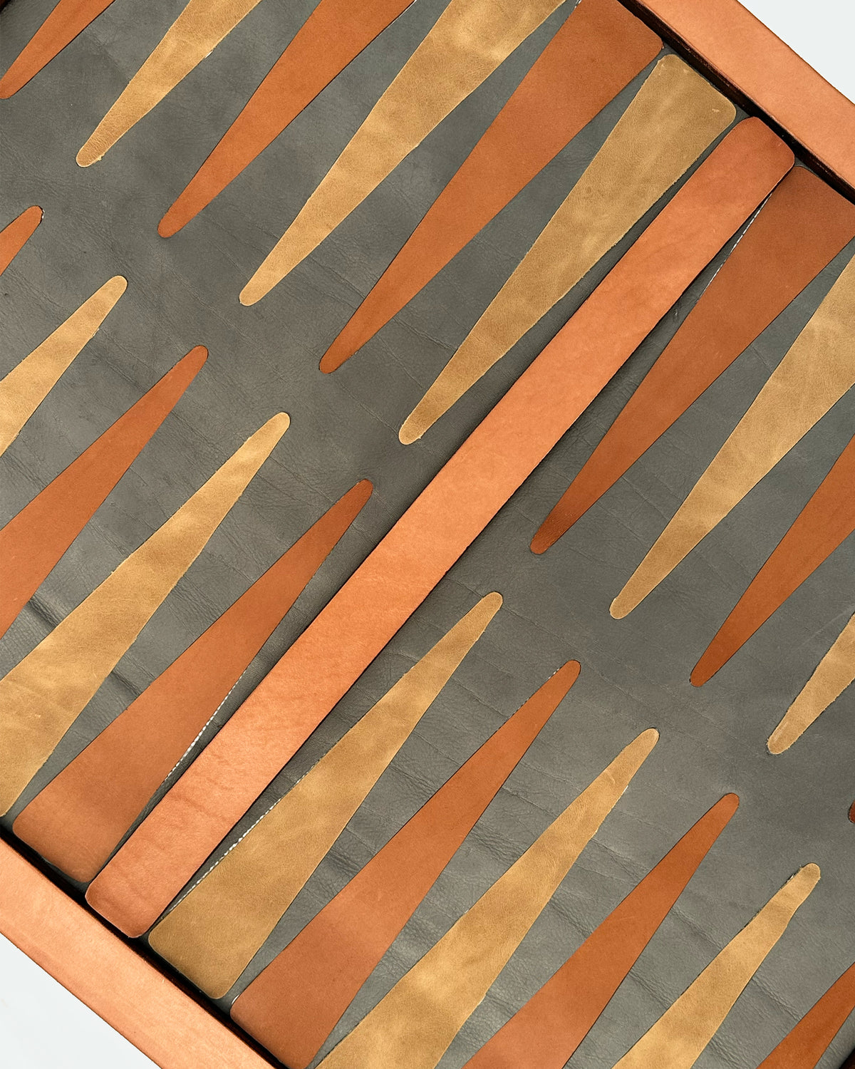 The Homestead 30, a leather backgammon board. Gray leather with burnt orange and light brown points. View 3.