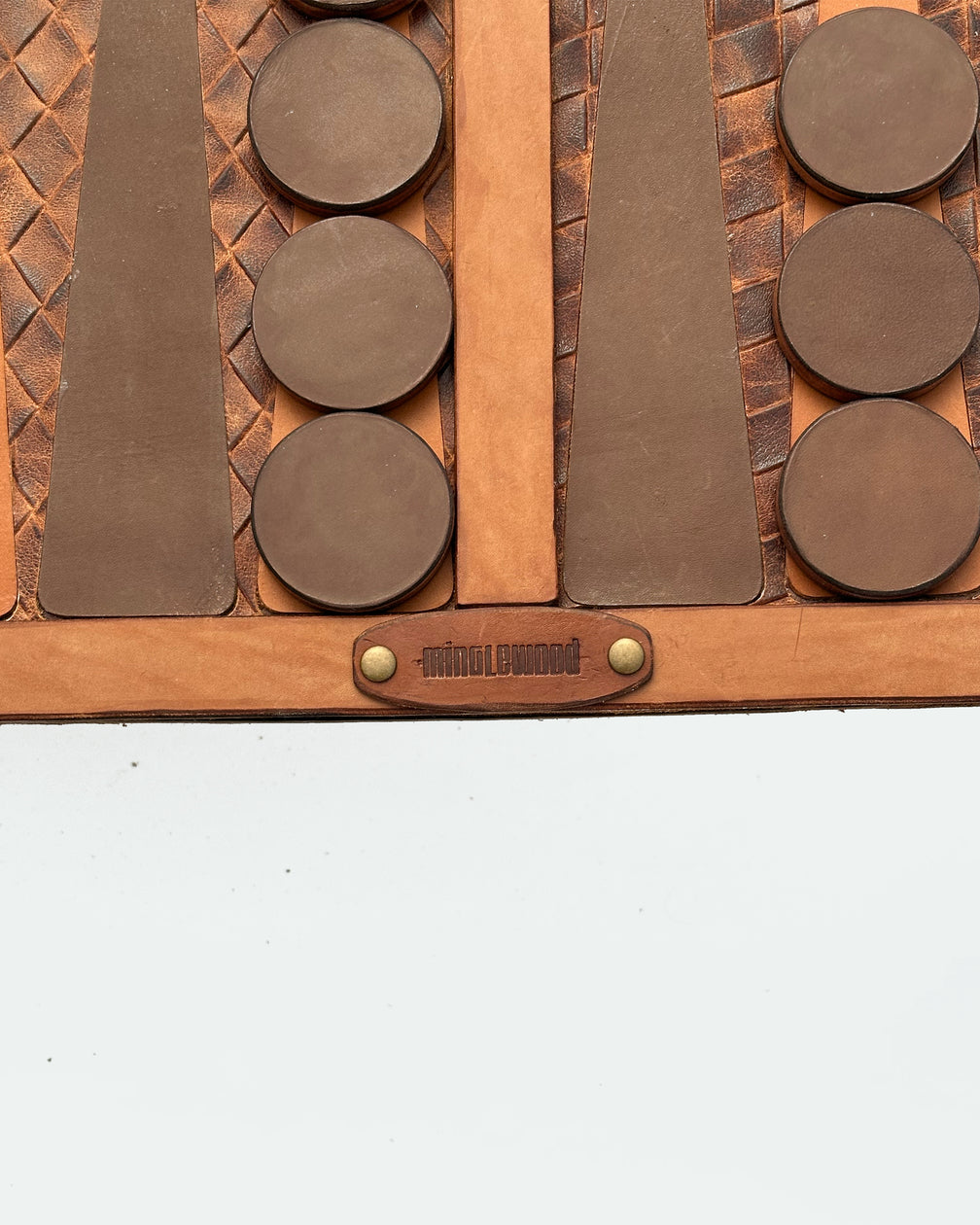 The Homestead 26, a leather backgammon board. Medium brown leather with burnt orange and dark brown points. View 3.
