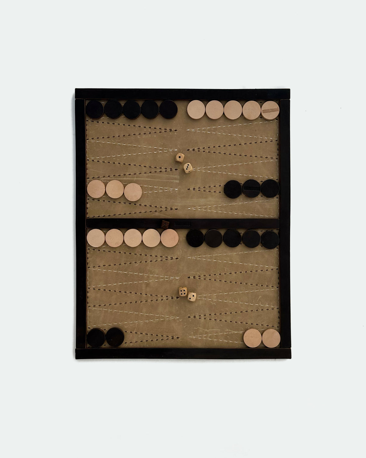 The Drifter 26, a leather backgammon board. Light brown leather with cream and dark brown points. View 3.