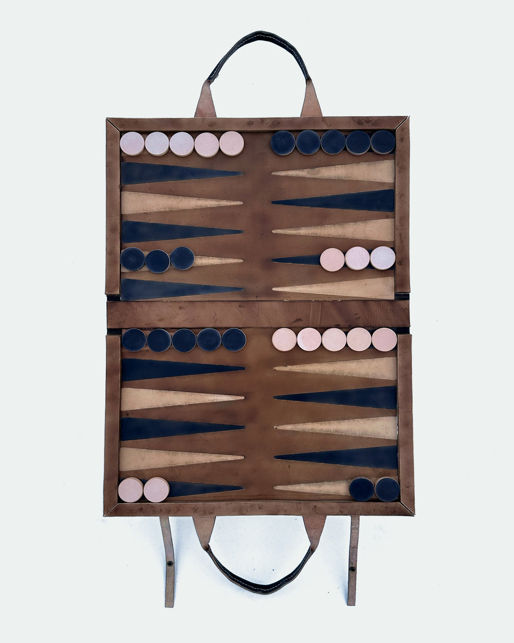 The Drover 26, a leather backgammon board. Show brown leather with black and natural points. View 3.