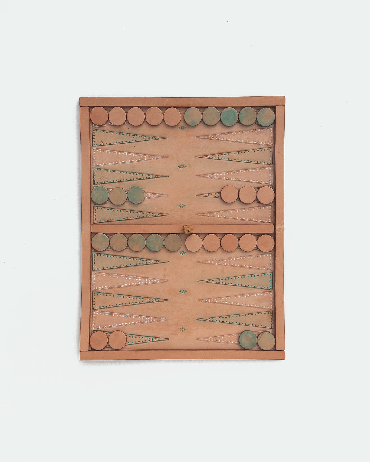 The Drifter 22, a leather backgammon board. Natural leather with turquoise antique and white antique points. View 3.