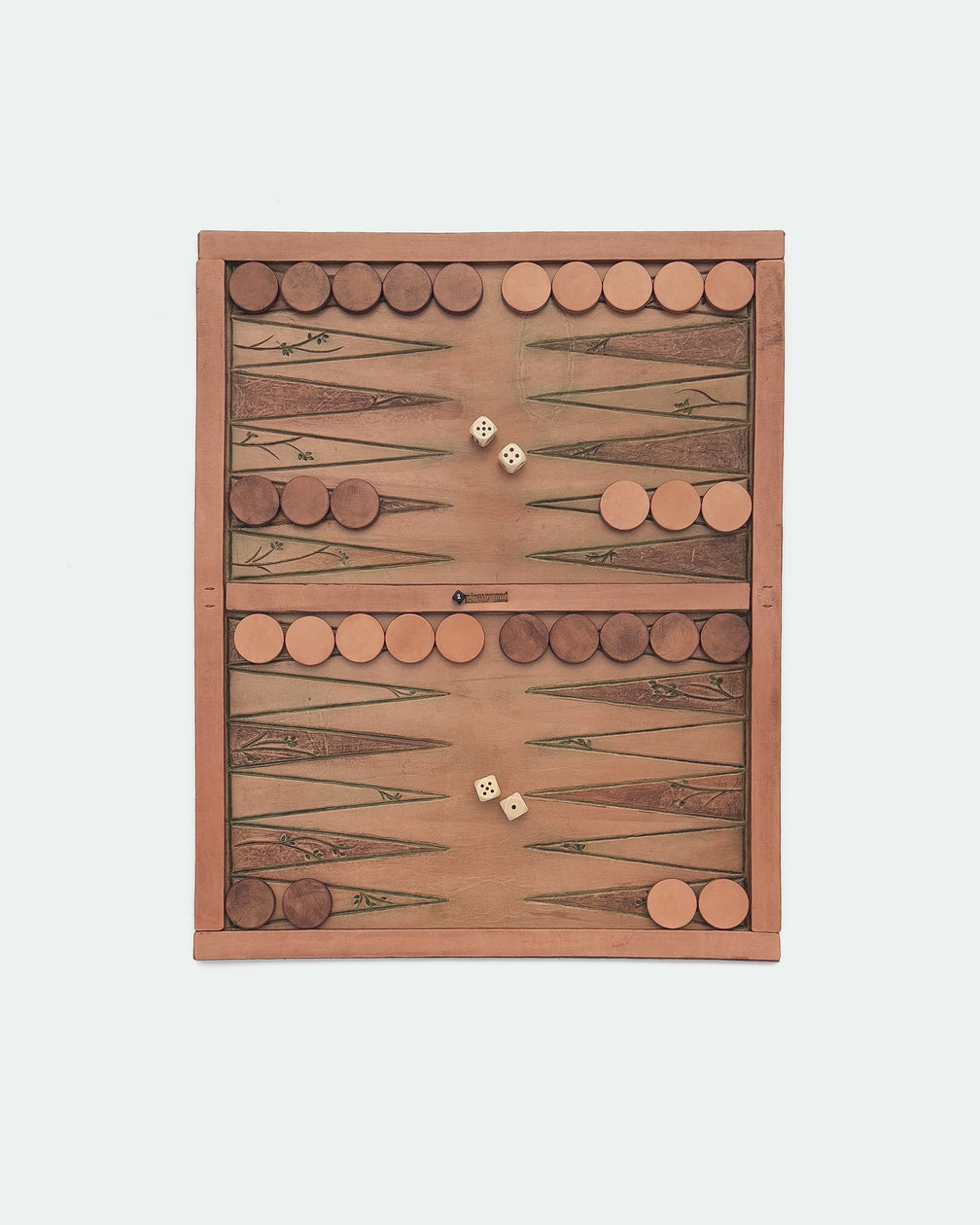 The Drifter 26, a leather backgammon board. Natural leather with green antique and medium brown antique points. View 3.