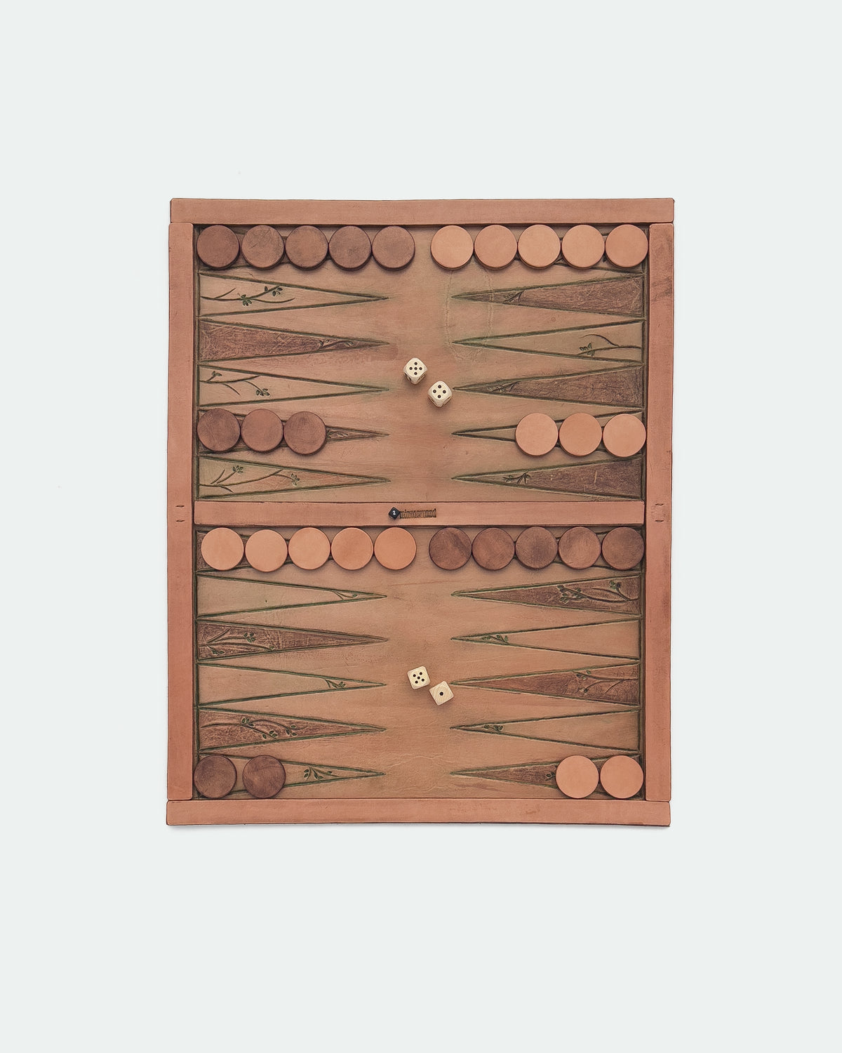 The Drifter 26, a leather backgammon board. Natural leather with green antique and medium brown antique points. View 3.