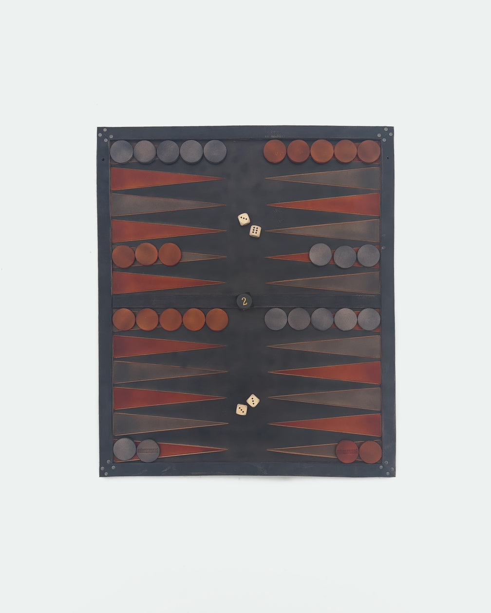 The Homestead 26, a leather backgammon board. USMC black leather with dark brown and USMC black points. View 3.