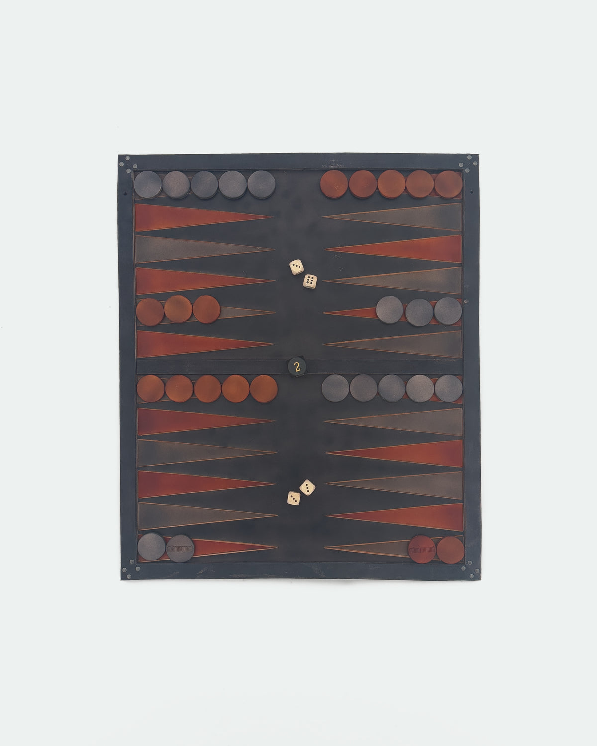 The Homestead 26, a leather backgammon board. USMC black leather with dark brown and USMC black points. View 3.