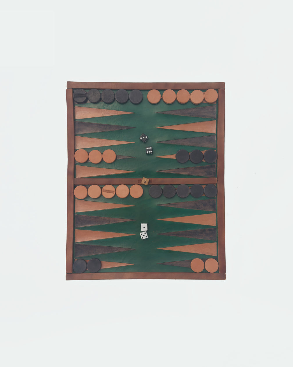 The Drifter 22, a leather backgammon board. Green leather with black antique and natural points. View 3.