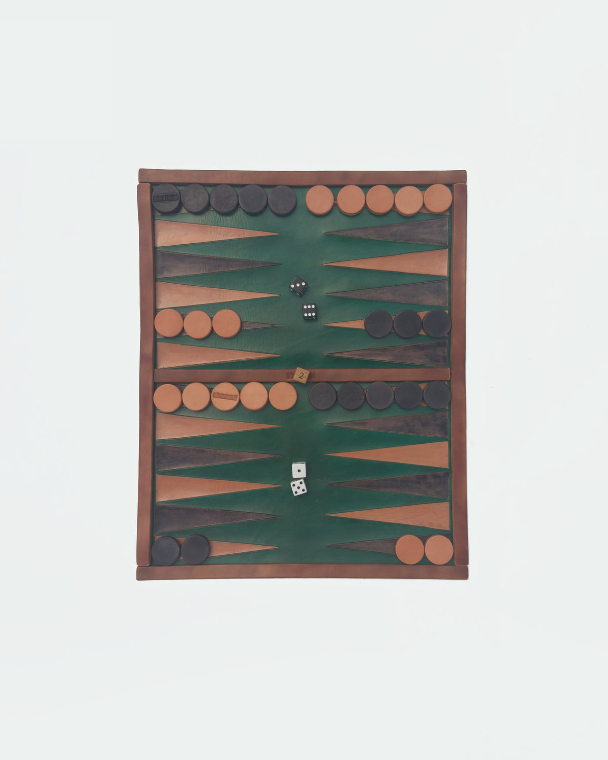 The Drifter 22, a leather backgammon board. Green leather with black antique and natural points. View 3.