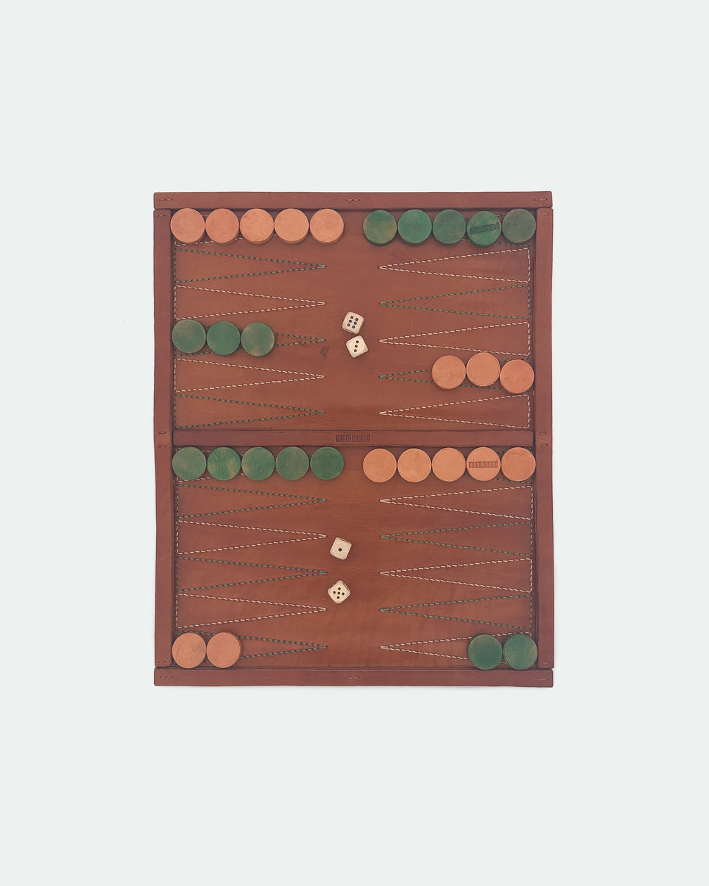 The Drifter 22, a leather backgammon board. Medium brown leather with beige and pea green points. View 3.