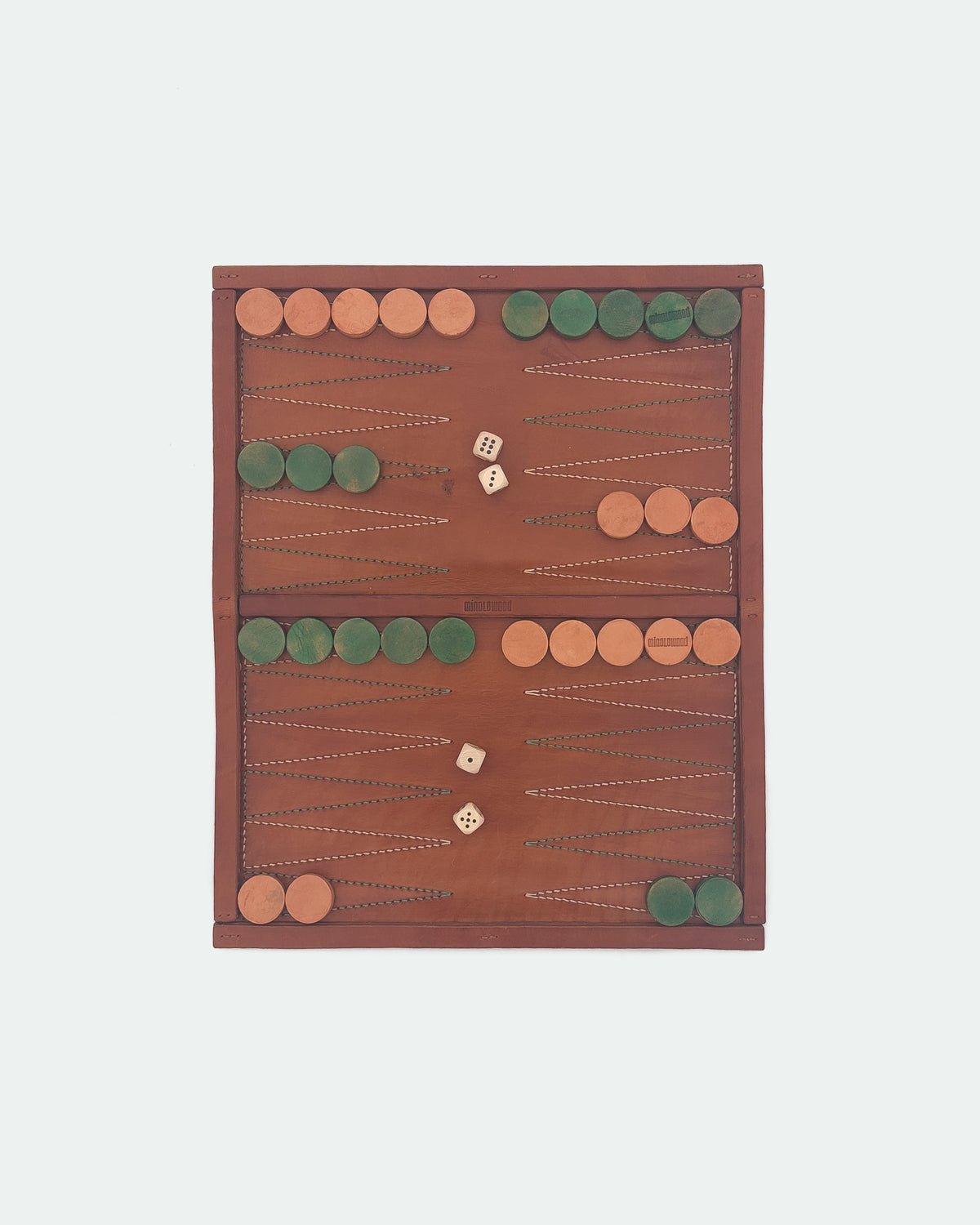 The Drifter 22, a leather backgammon board. Medium brown leather with beige and pea green points. View 3.