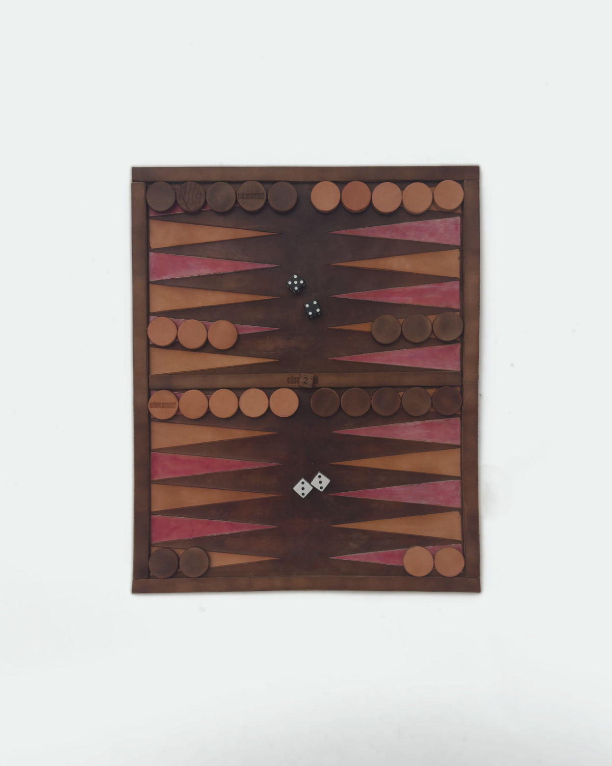 The Drifter 22, a leather backgammon board. Dark brown leather with natural and oxblood points. View 3.