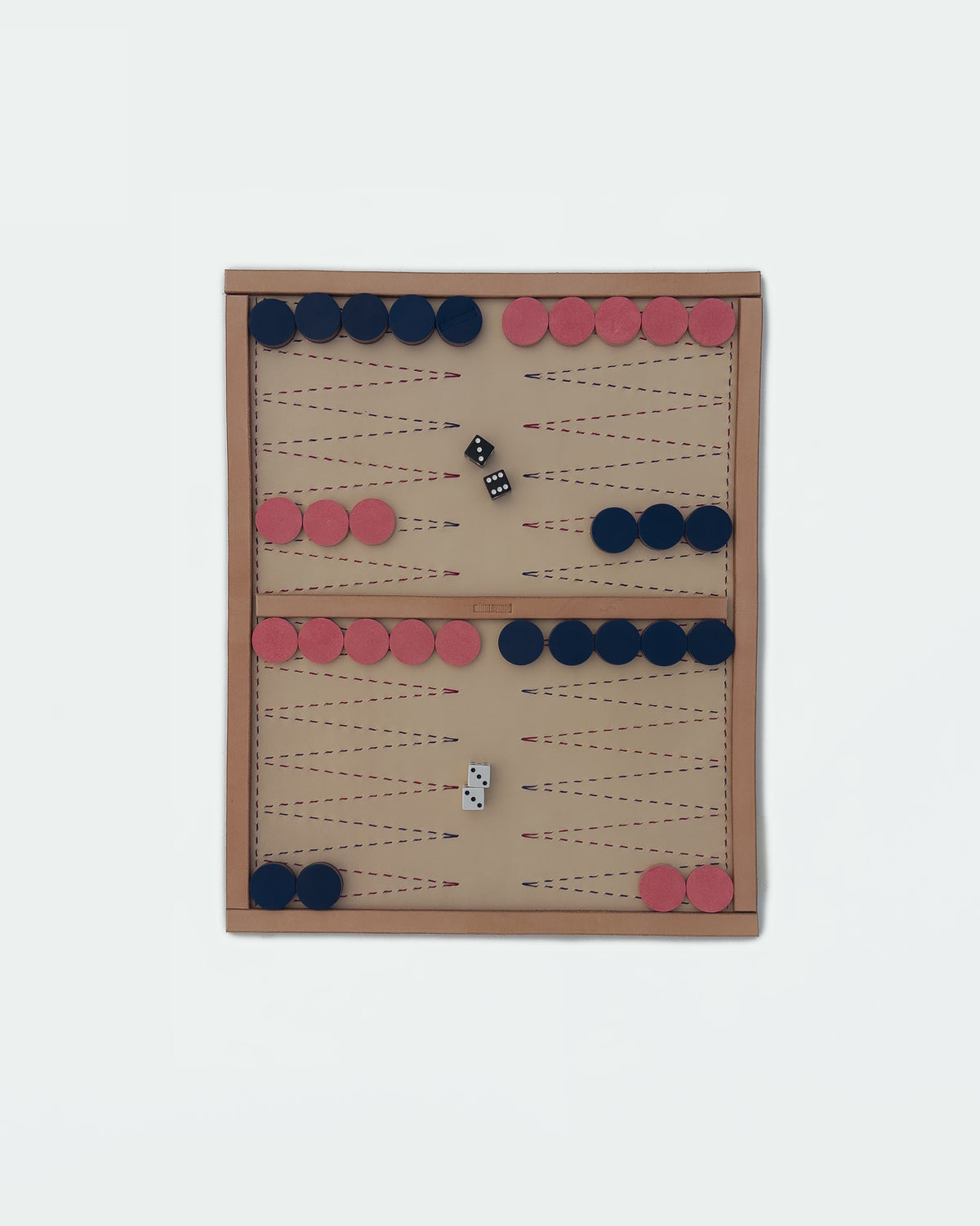 The Drifter 22, a leather backgammon board. Natural leather with dark pink and navy points. View 3.