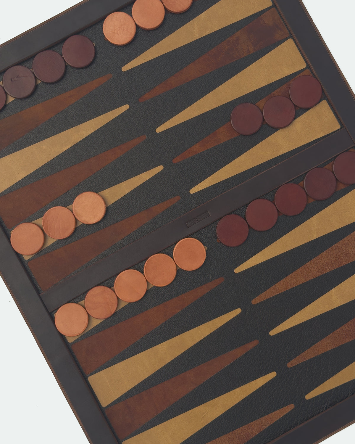 The Homestead 30, a leather backgammon board. Dark brown leather with light brown and medium brown points. View 3.
