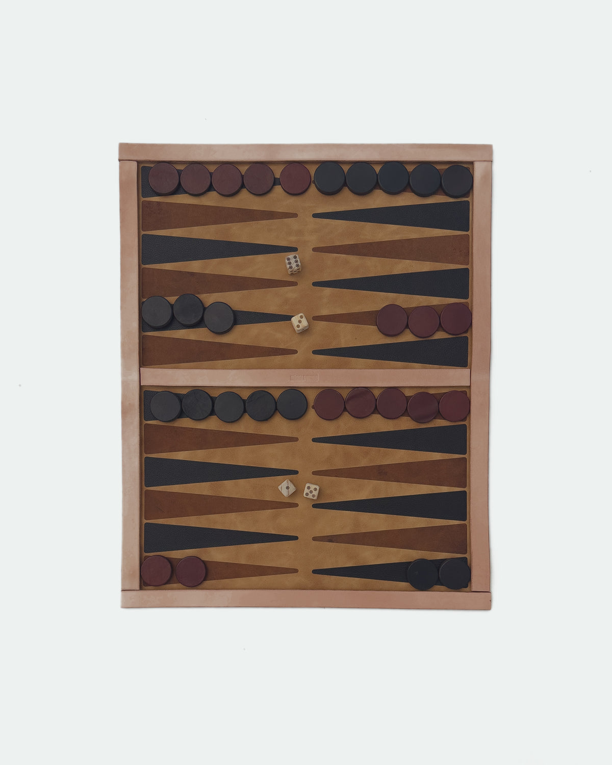 The Drifter 26, a leather backgammon board. Light brown leather with dark brown and medium brown points. View 3.
